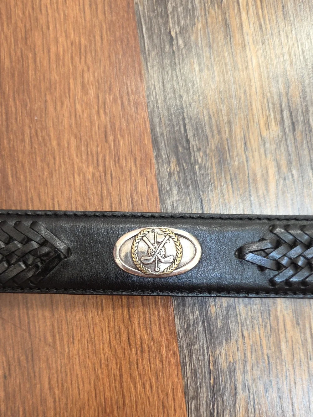 Black Genuine Saddle Leather Belt With Silver Conchos Golf Club Motif, Size 38